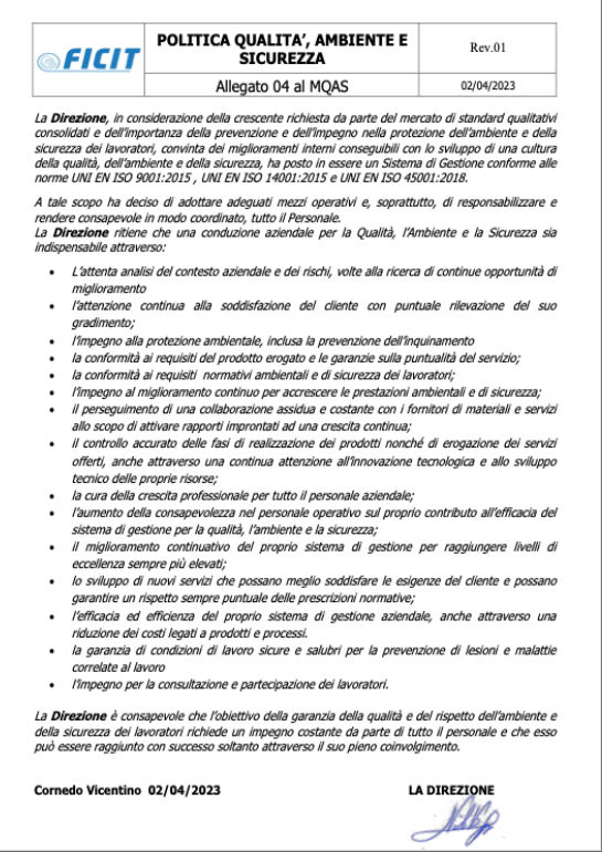 Ficit - POLICY DI QUALITÀ, AMBIENTE E SICUREZZA